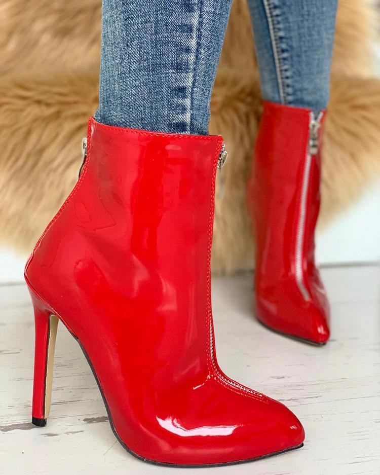 

Patent Pointed Toe PU Thin Heeled Boots, Red