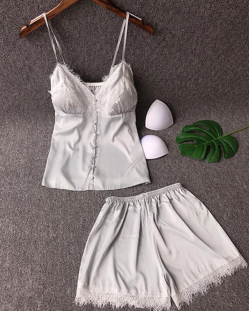 

Spaghetti Strap Lace Trim Sleepwear Cami Set, White