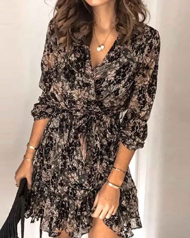 

All Over Print Wrap Casual Dress, Black