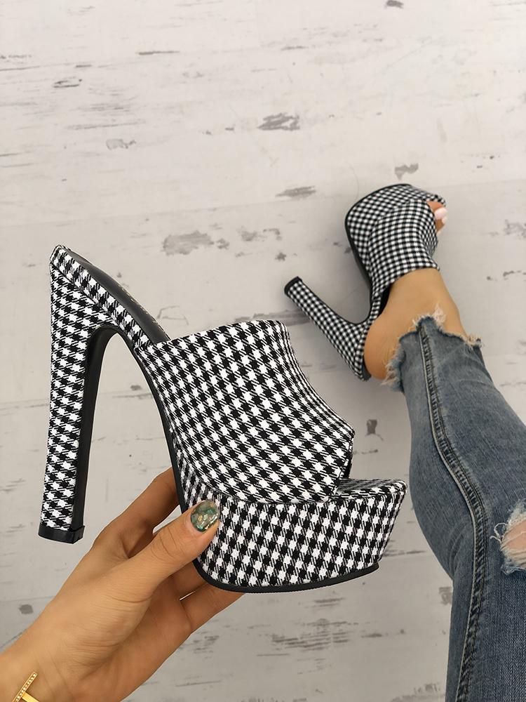 

Houndstooth Print Platform Thin Heeled Sandals