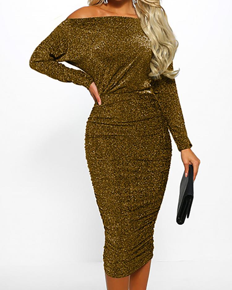 

Glitter Off Shoulder Ruched Midi Dress, Yellow