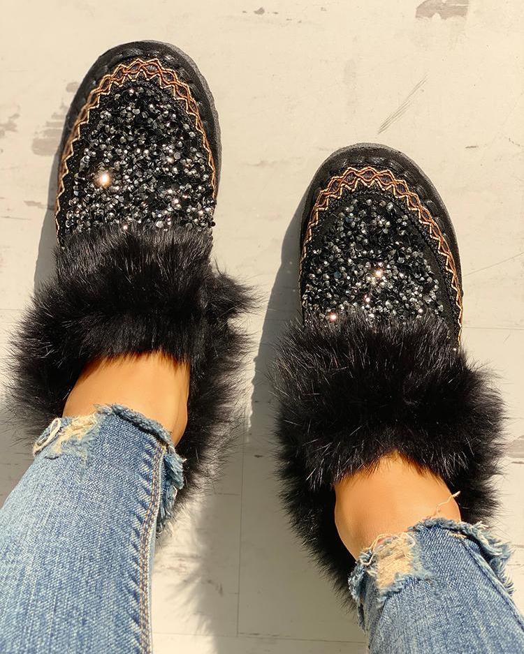 

Fluffy & Rhinestone Embellished Flat Shoes