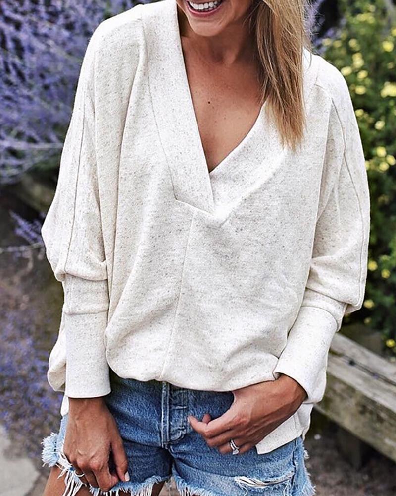 

V Neck Batwing Sleeve Loose Sweatshirt, White