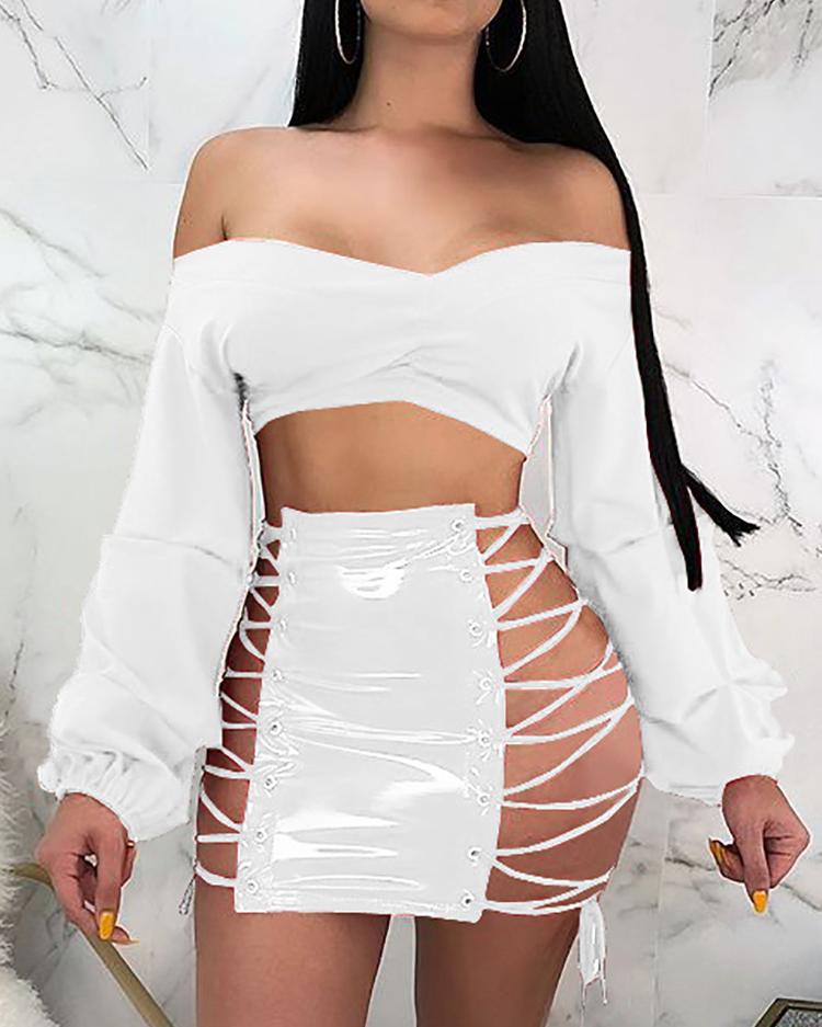 

Splicing Lace-up Eyelet PU Mini Skirt, White