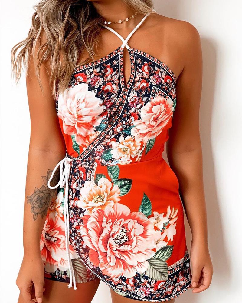 

Halter Floral Print Casual Romper, Orange