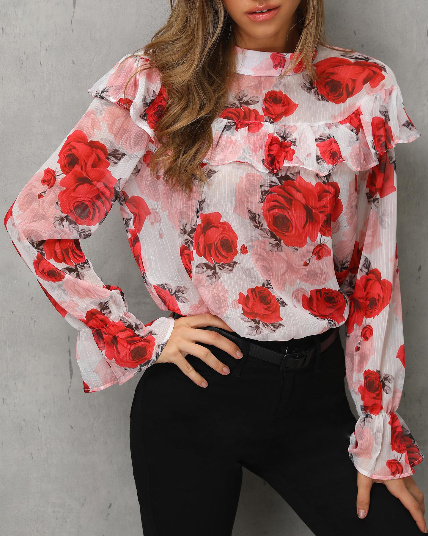

Floral Print Ruffles Casual Blouse, Red