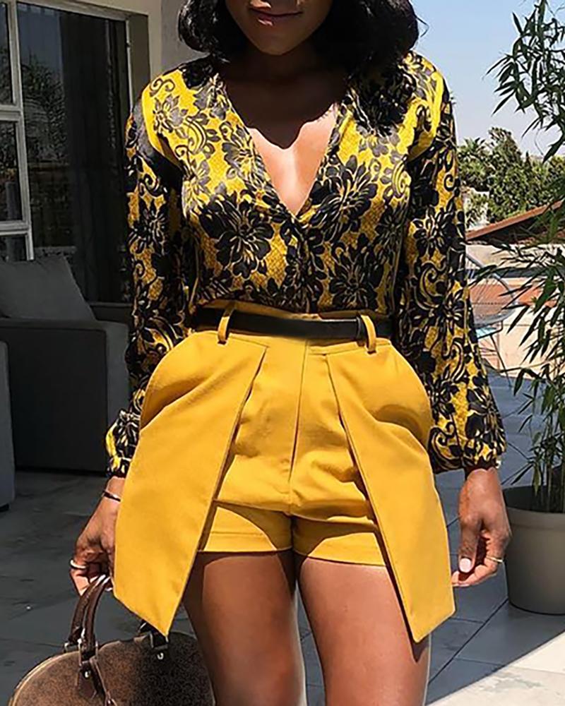 

Print Lantern Sleeve Shirt & Short Set, Yellow