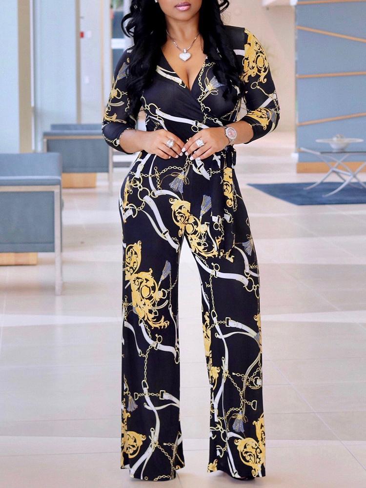 

Retro Chain Print Tie Waist Wrap Jumpsuit