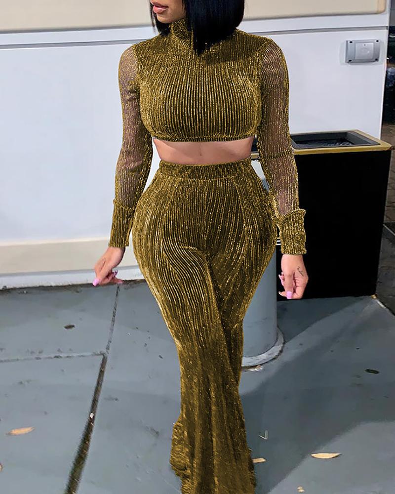 

Glitter Long Sleeve Crop Top & Bell-Bottom Pant Set, Gold