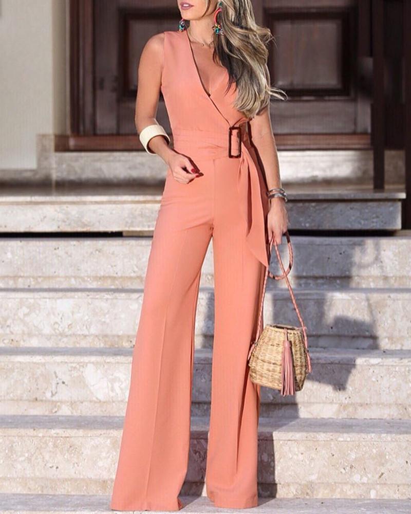 

V-Neck Buckle Self-belt Wide Leg Jumpsuit, Pink