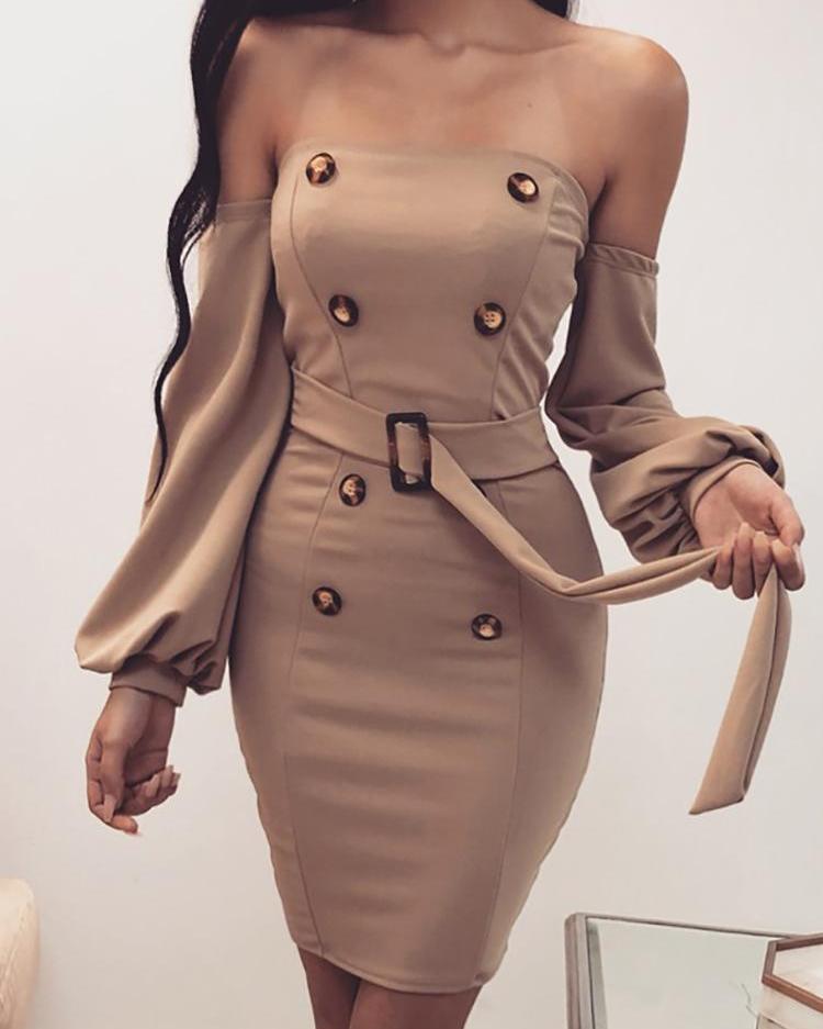 

Off Shoulder Double Breasted Bodycon Dress, Khaki