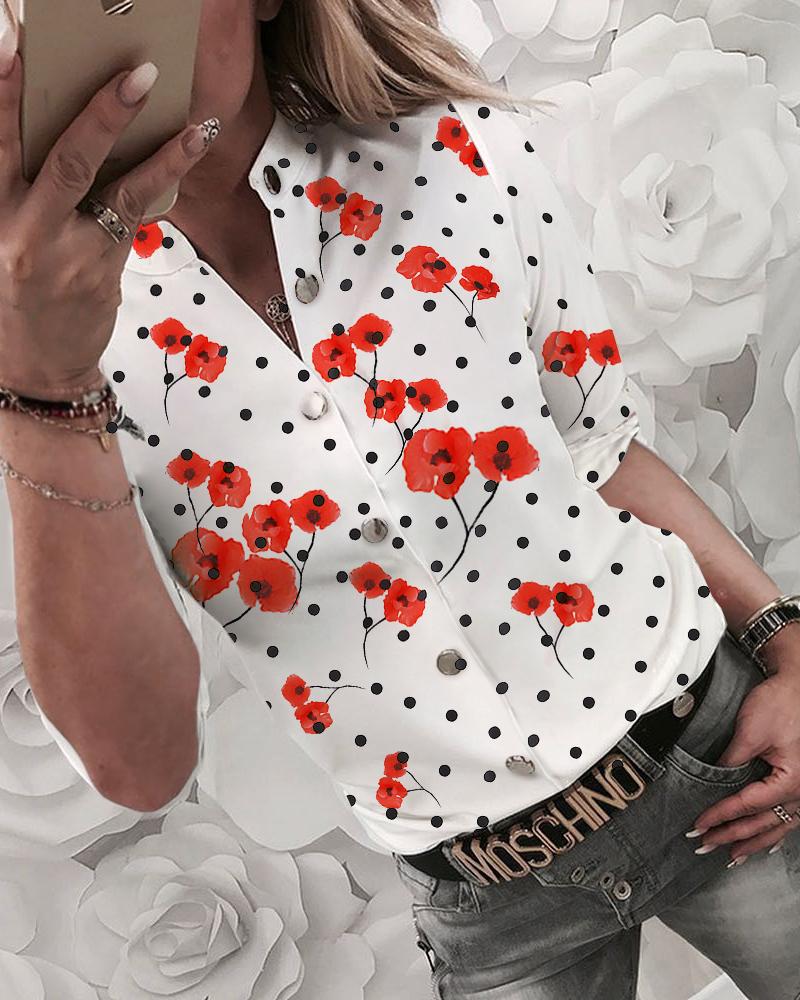

Dot Floral Print Long Sleeve Casual Top, Red&white