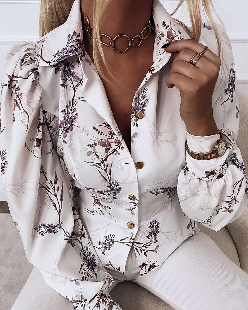 

Foloral Printing Long Bubble Sleeve Skinny Waist Blouse, White