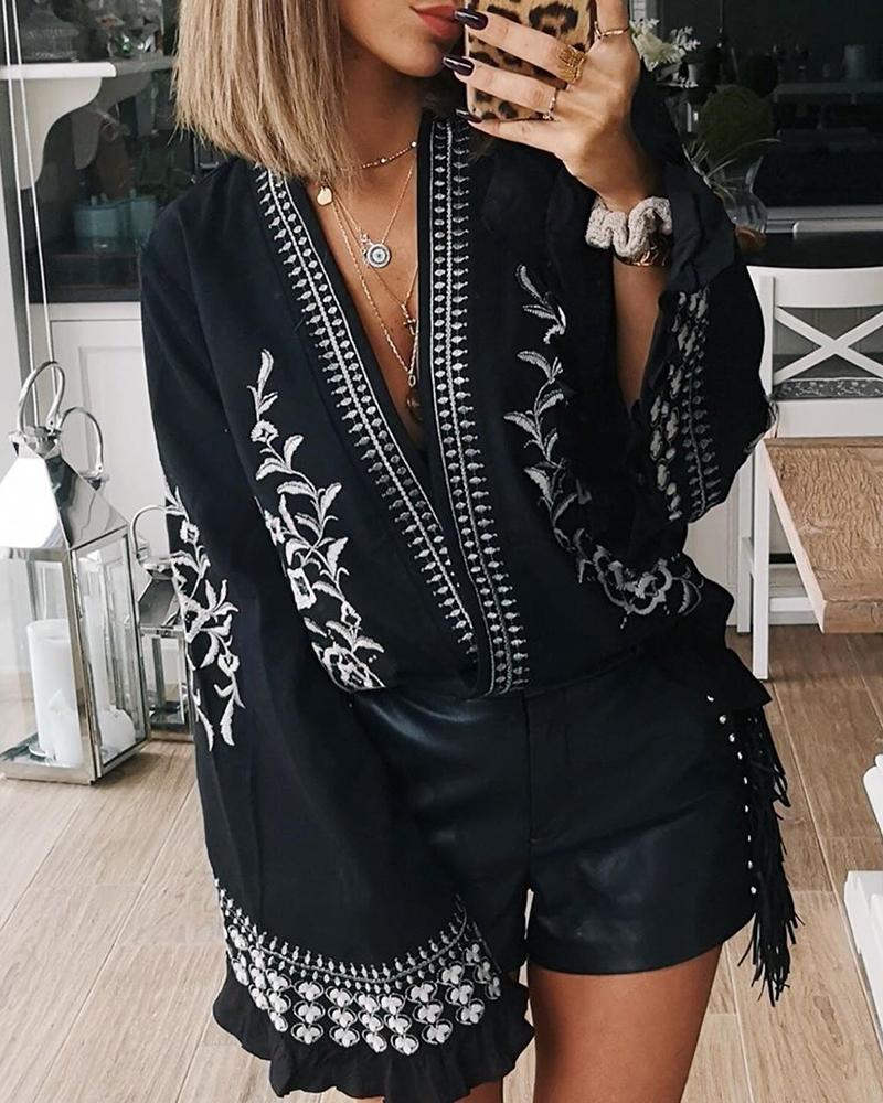 

Plunge Bell Sleeve Ethnic Print Blouse, Black