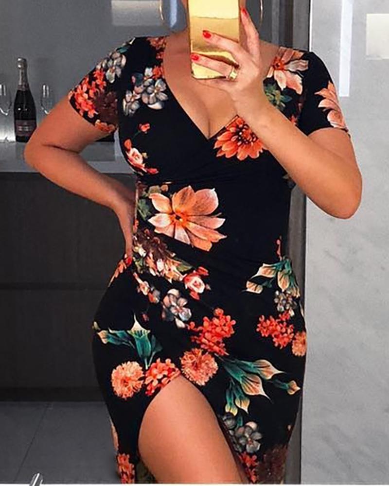

Floral Print Overlap Slit Bodycon Dress