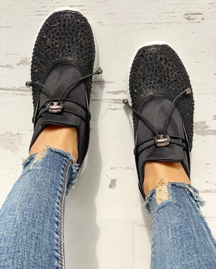 

Studded Detail Patchwork Casual Sneakers, Black