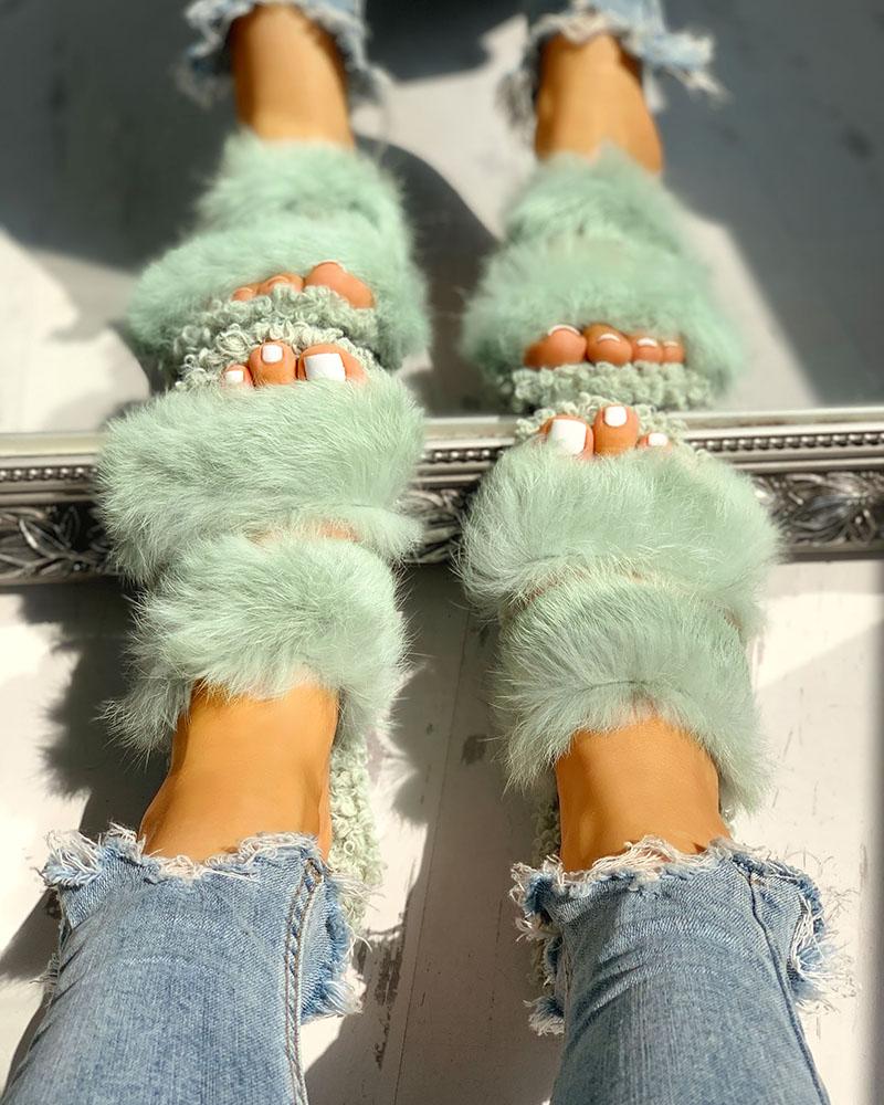 

Fluffy Hollow Out Casual Flat Sandals, Green