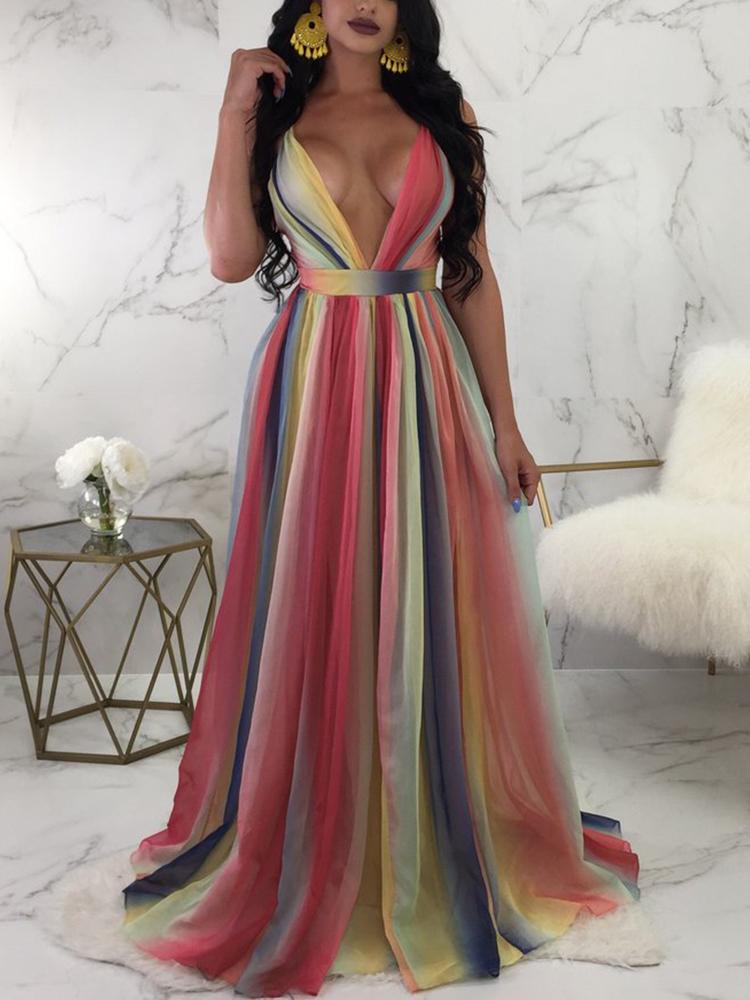 

Sexy Rainbow Spaghetti Strap Pleated Maxi Dress, Orange