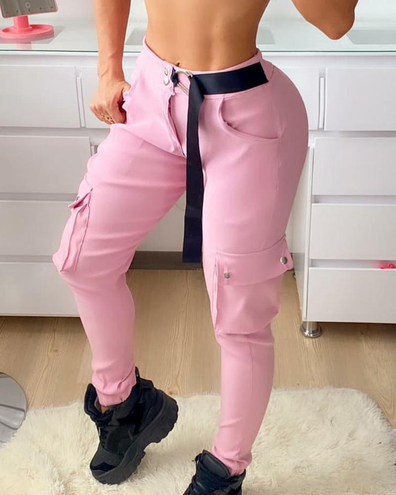 

O-Ring Tape Solid Pocket Design Cargo Pants, Pink