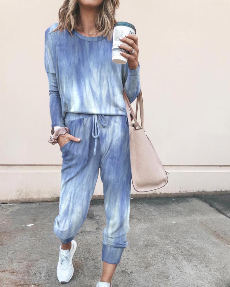 

Tie Dye Print Long Sleeve Drawstring Top & Casual Pants, Blue