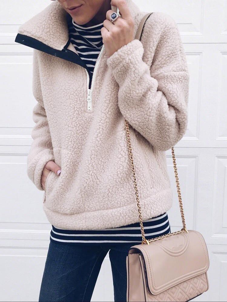 

Fluffy Zipper Up Pocket Casual Sweatshirt, Pink