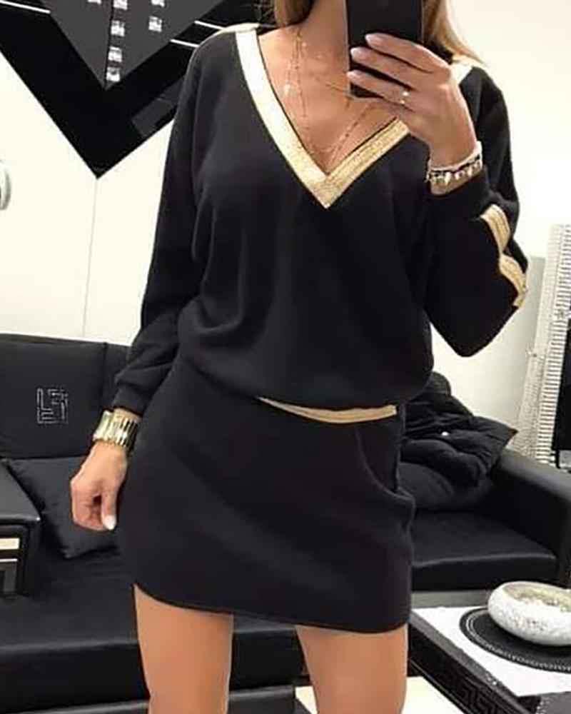 

V-Neck Batwing Sleeve Contrast Bingding Casual Dress, Black