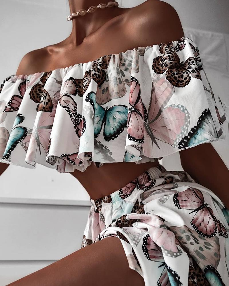 

Butterfly Print Off Shoulder Ruffles Top & Midi Skirt Set, White