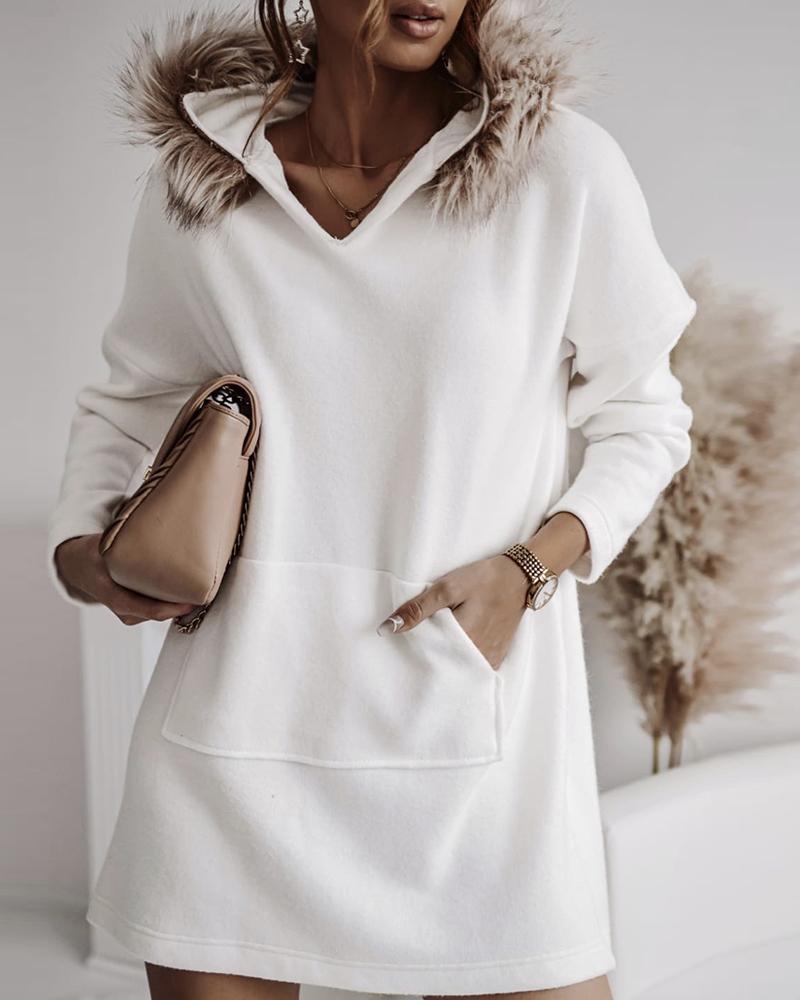 

Faux Fur Decor Pocket Design Sweatshirt Dress, White