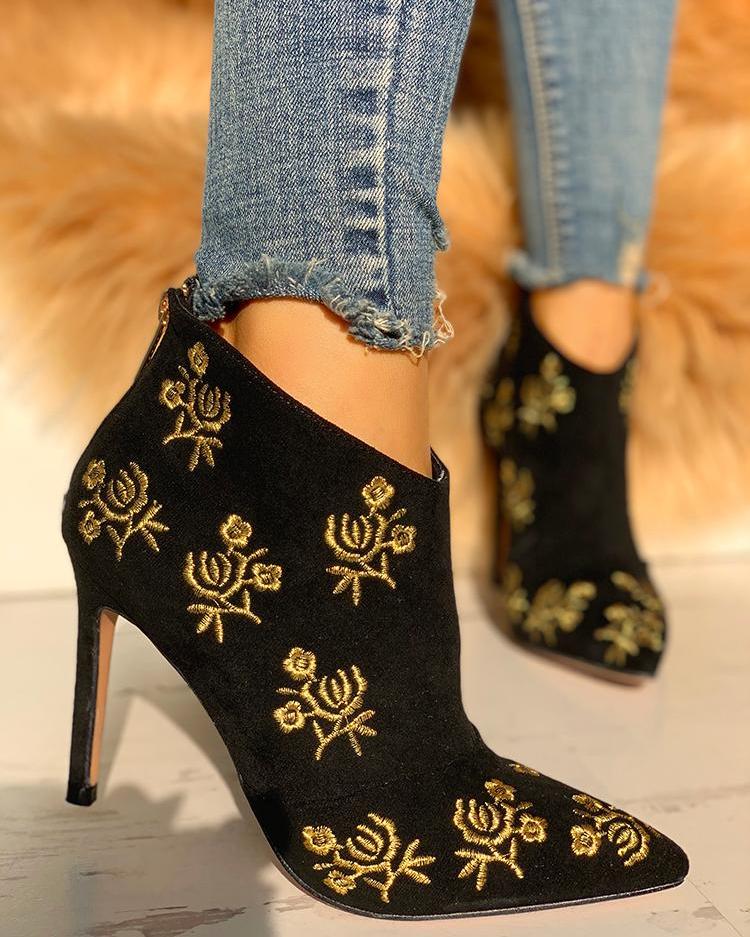

Suede Embroidery Pointed Toe Ankle Boots, Black
