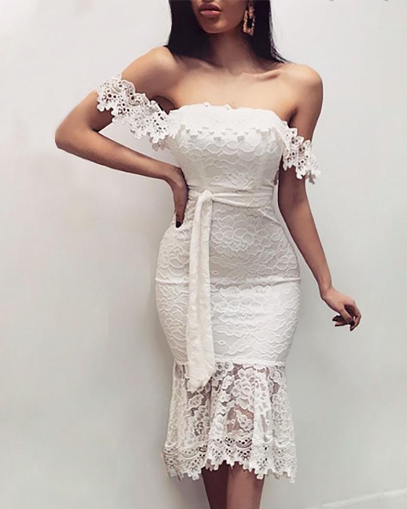 

Off Shoulder Lace Bodycon Dress, White