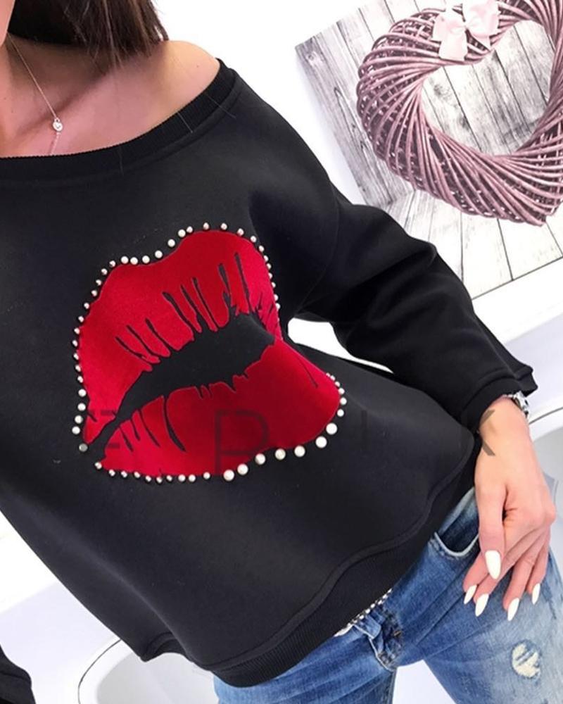 

Beaded Mouth Patch Casual Blouse, Black