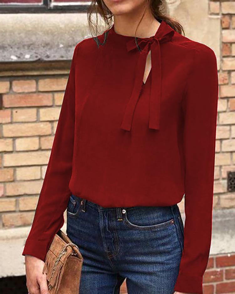 

Cut Out Tie Neck Casual Top, Red