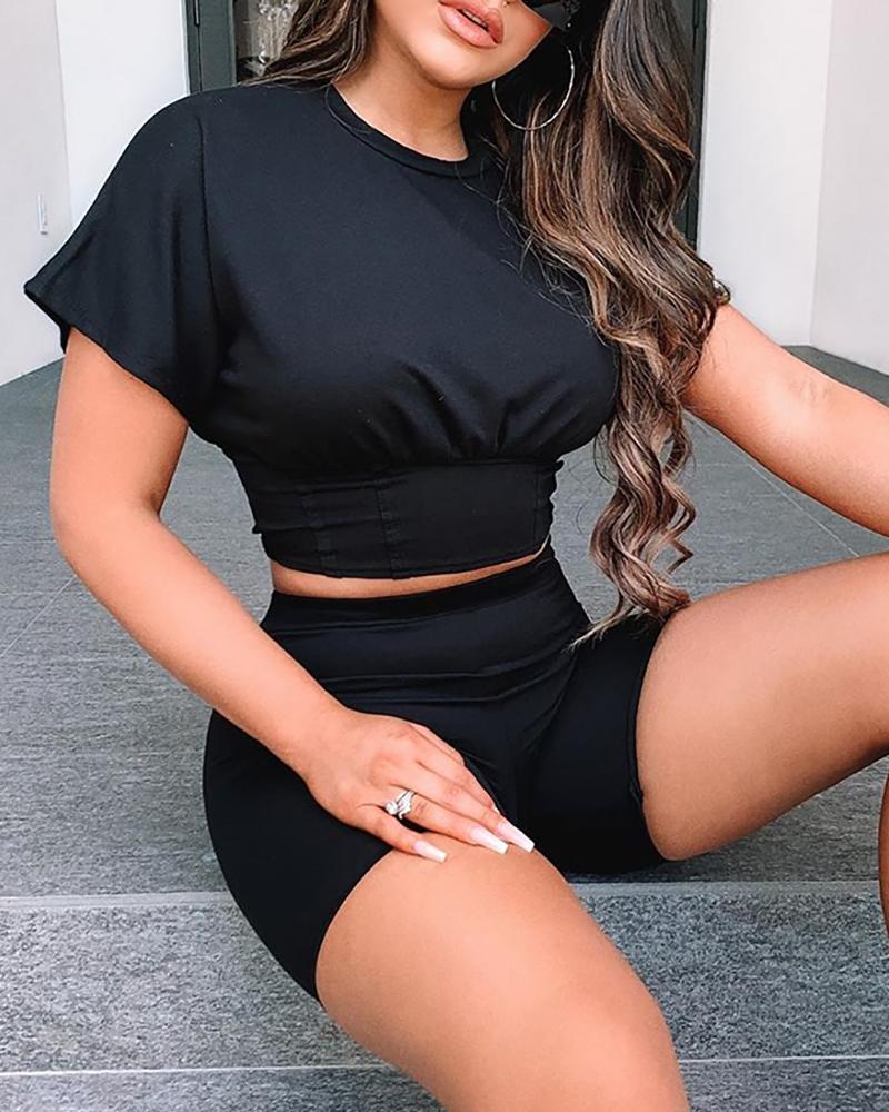 

Solid Short Sleeve Top & Shorts Set, Black