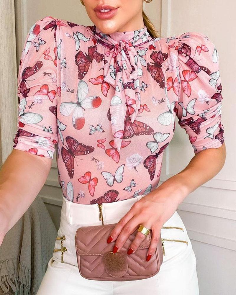 

Butterfly Print Tie Neck Long Sleeve Blouse, Pink