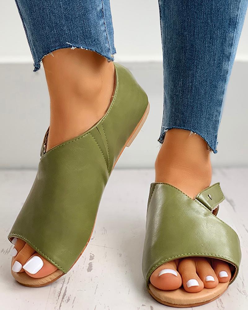 

Peep Toe Cutout Flat Slider Sandals, Green