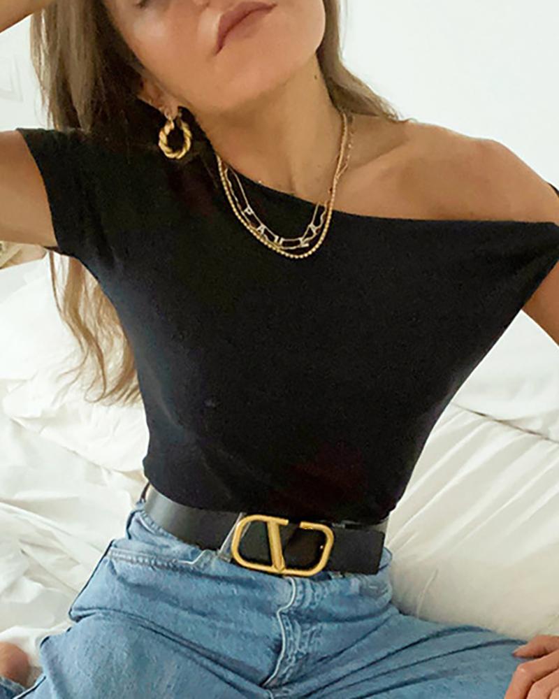 

One Shoulder Short Sleeve Casual T-shirt, Black