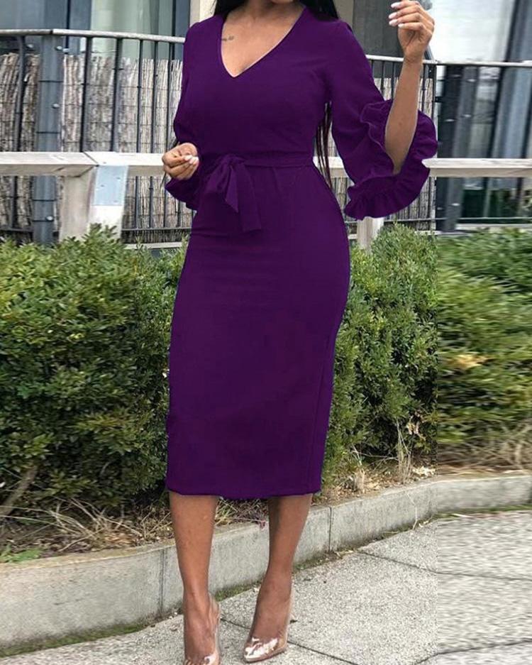 

V-Neck Ruffles Sleeve Belted Dress, Purple