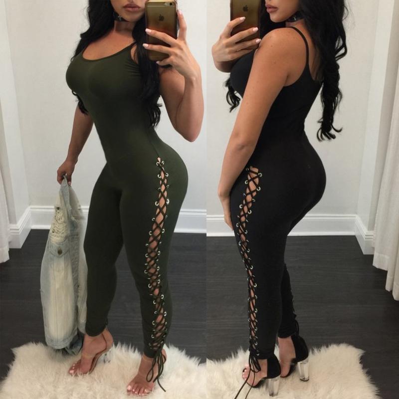 

Women Sleeveless Lace Up Leg Jumpsuit, Black