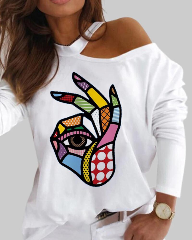 

Slogan Print One Shoulder Long Sleeve Top, White