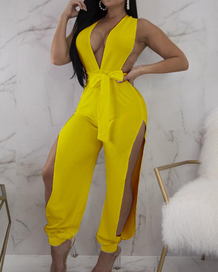 

Halter Deep V Tied Waist Slit Side Jumpsuit, Yellow