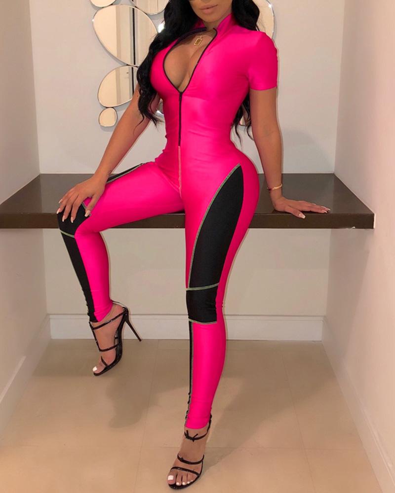 

Deep V-Neck Sport Wear Patchwork Color Jumpsuit, Hot pink