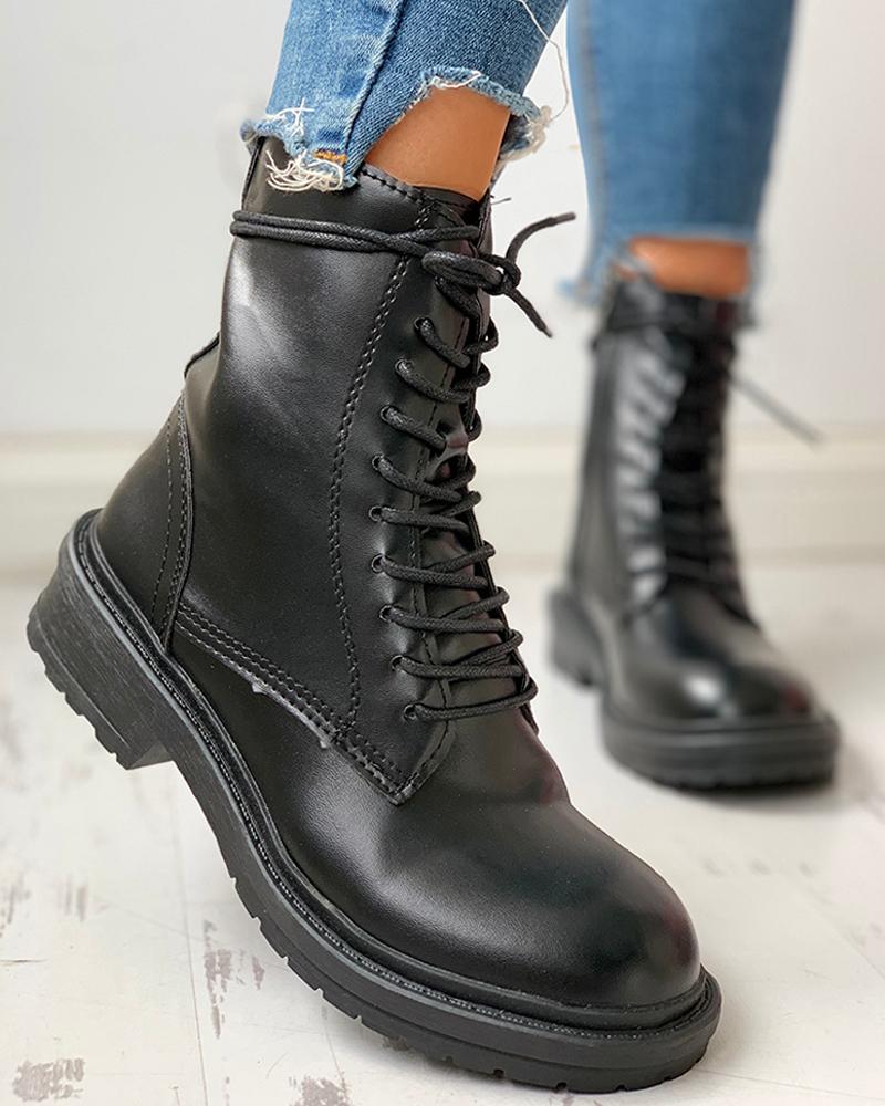 

Solid Lace-Up Chunky Heeled Boots, Black