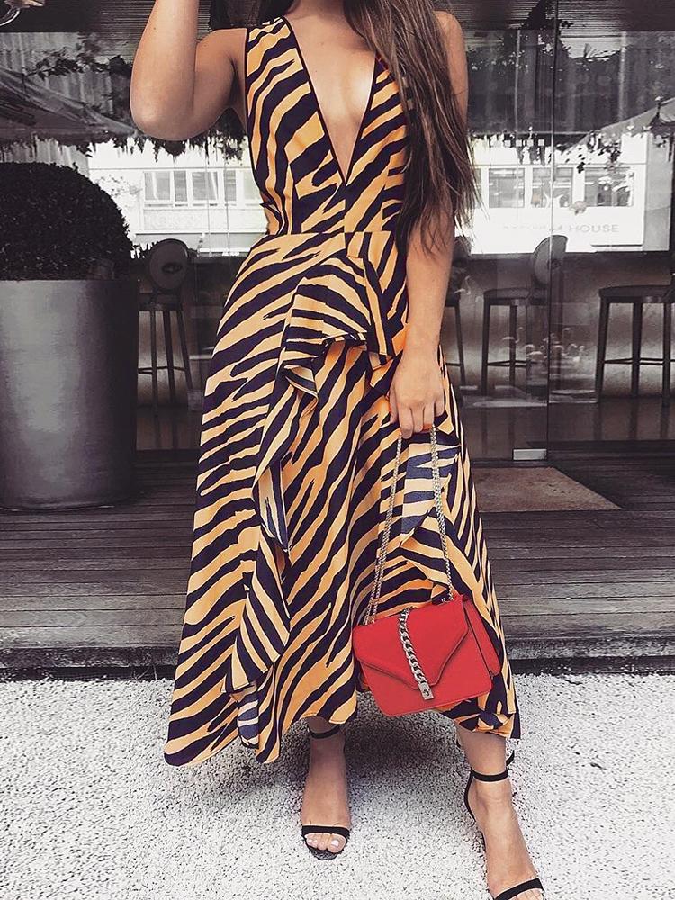 

V-Neck Striped Ruffles Design Maxi Dress, Yellow