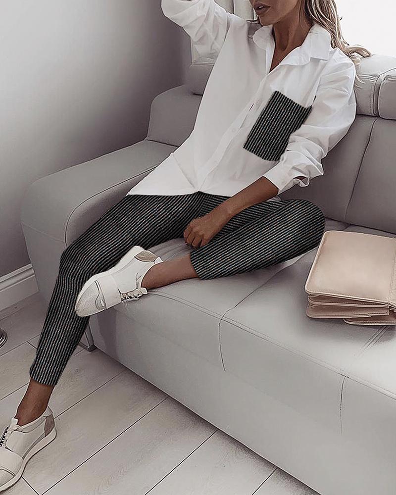 

Glitter Turn-down Collar Pinstripes Colorblock Shirt & Pants Sets, Black
