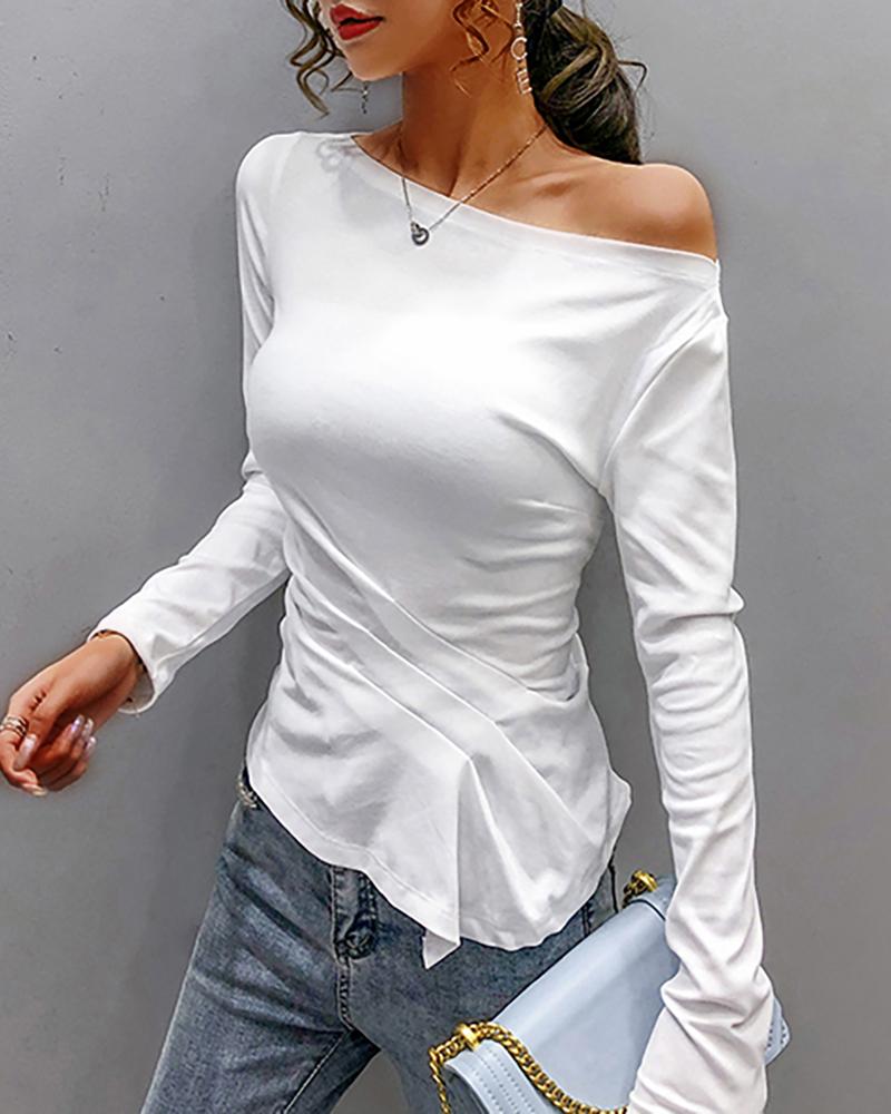 

One Shoulder Solid Irregular Casual Top, White