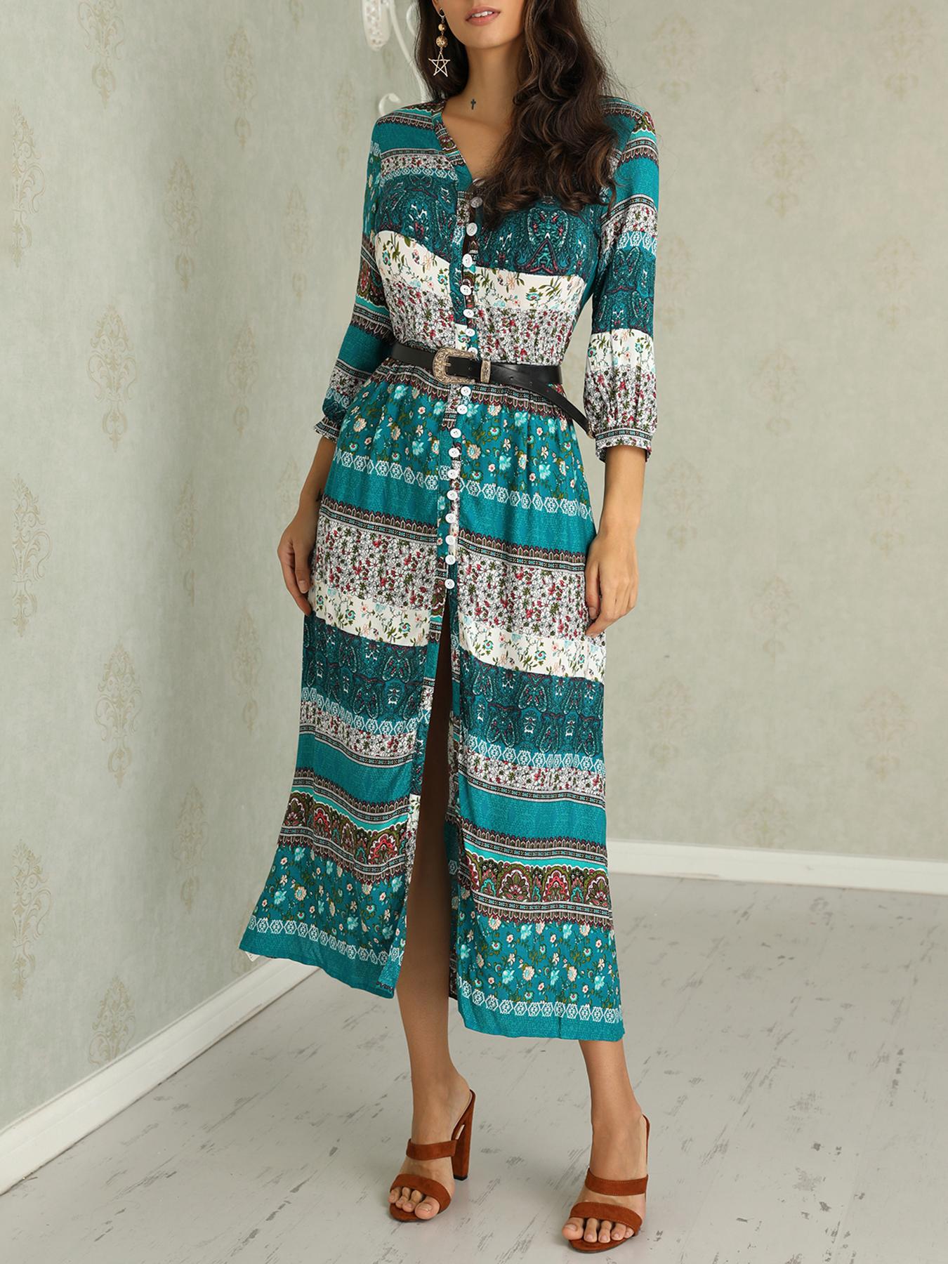 

Ethnic Print Button Through Maxi Dress, Green