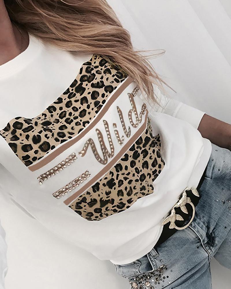 

Hot Stamping Leopard Print Round Neck Sweatshirt, White