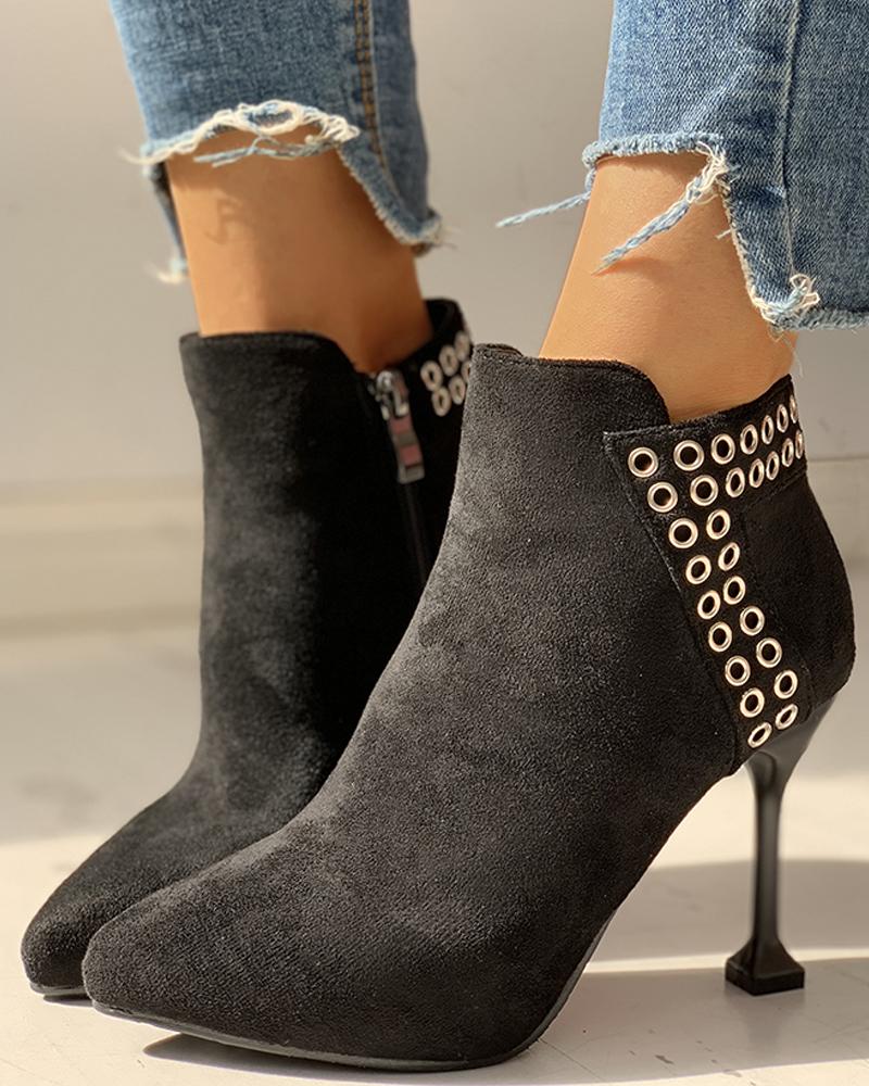 

Suede Zipper Eyelet Design Thin Heeled Boots, Black