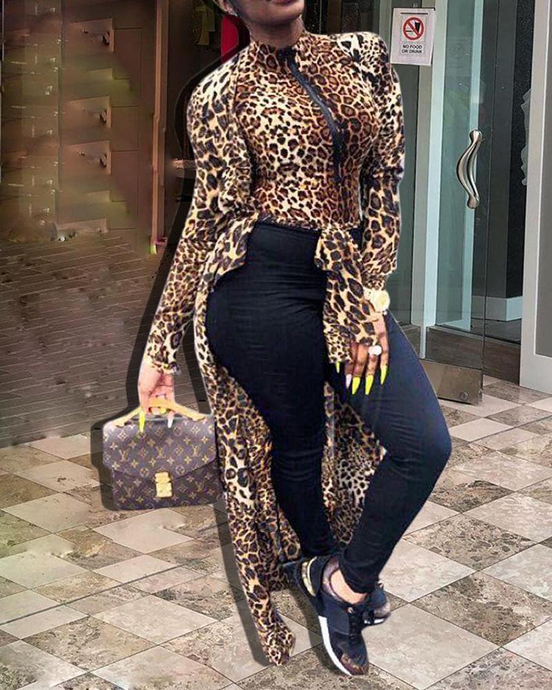 

Leopard Print High-low Hem Top, Yellow