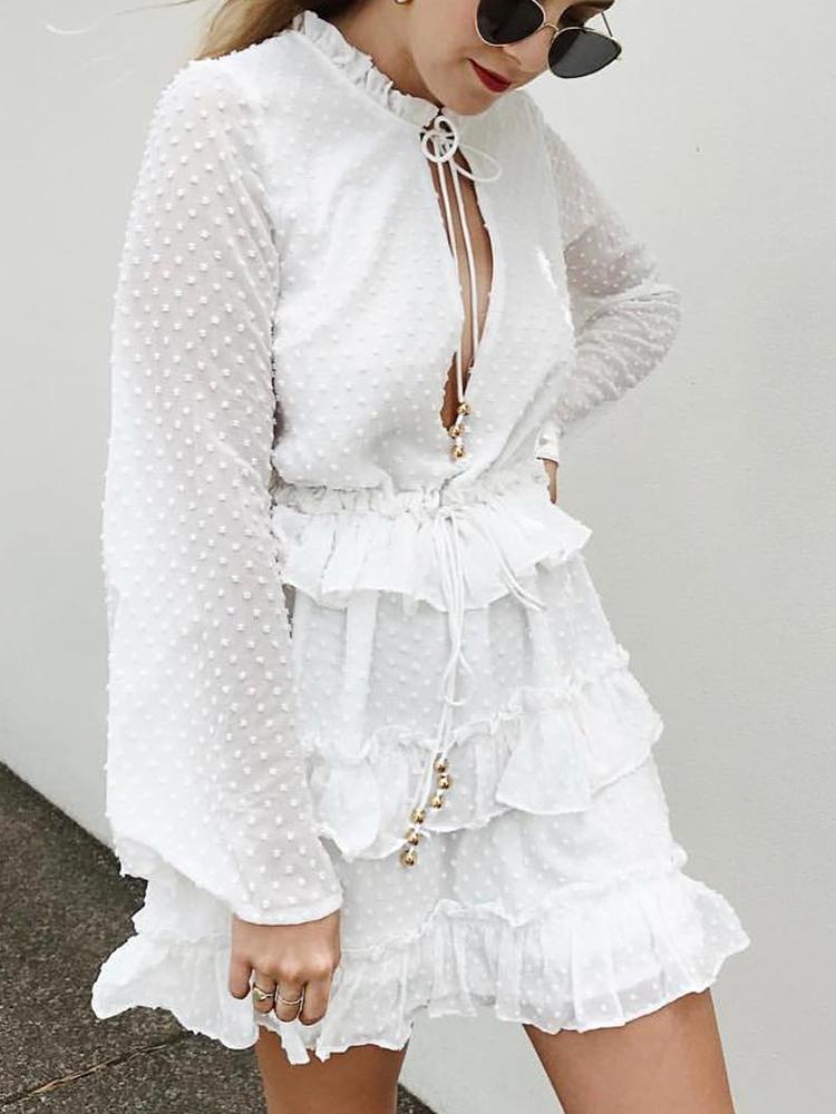 

Ruffles Flared Slit Sleeve Drawstring White Dress